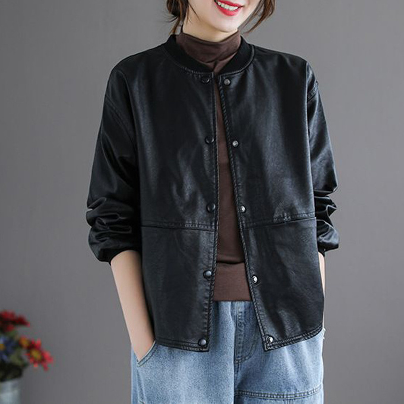 皮衣女2025新款圆领女士短外套宽松遮肉百搭进口PU皮上衣棒球服