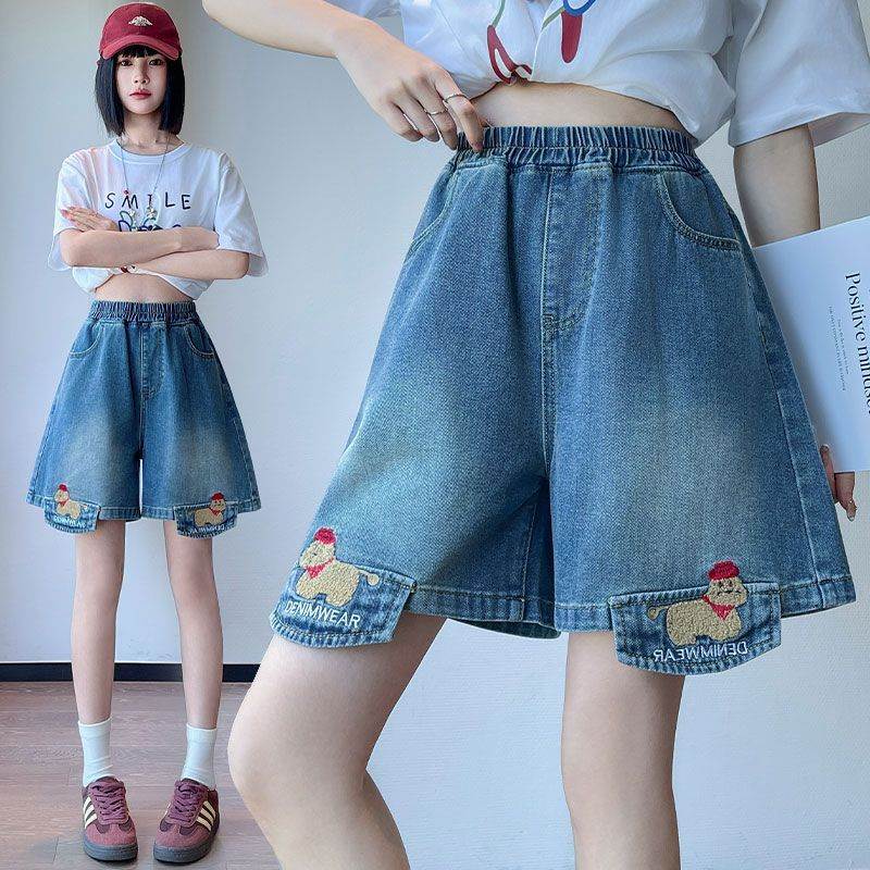 大码阔腿牛仔短裤女胖夏季卡通刺绣宽松高腰显瘦学生女装200斤