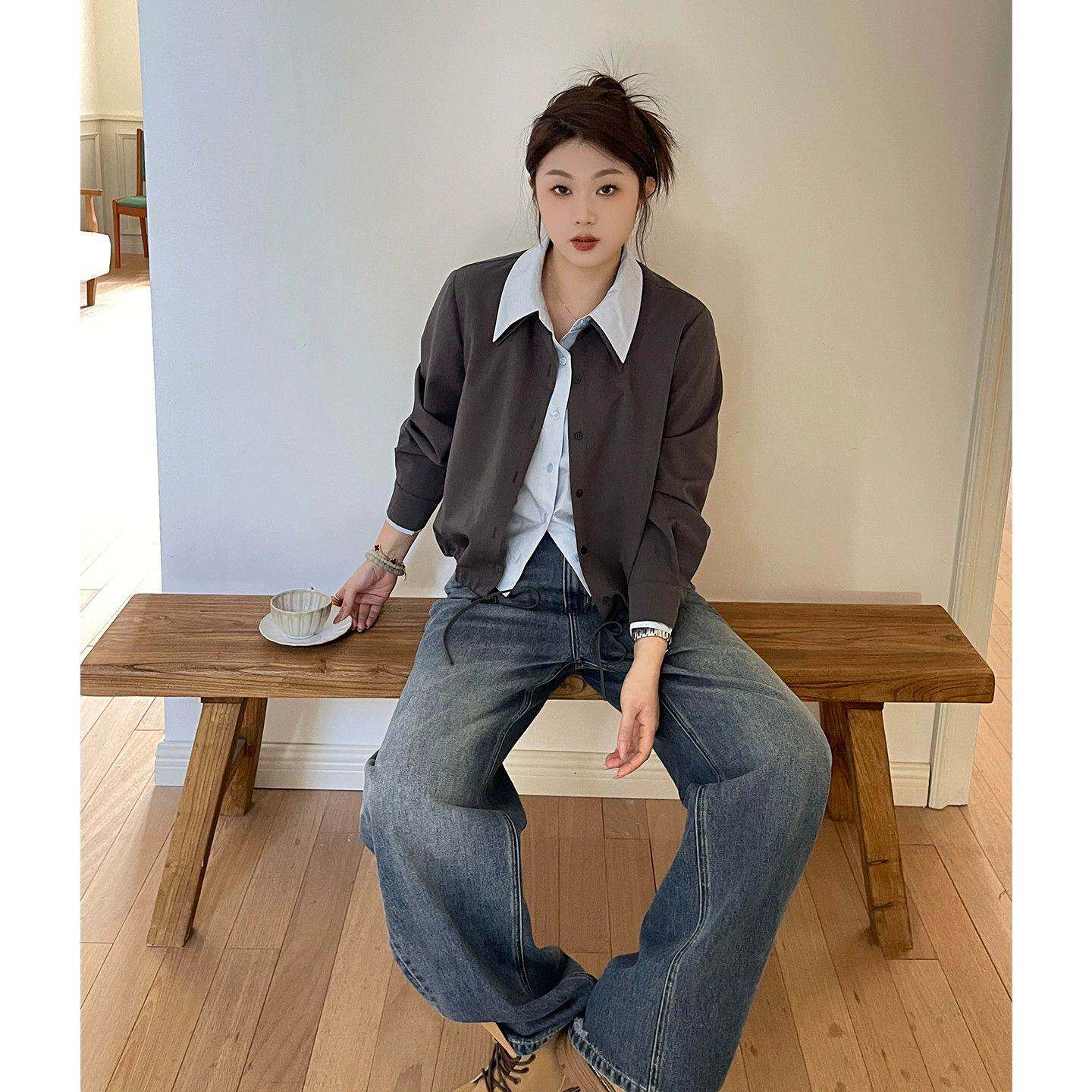 微胖大码女装2026秋季新款假两件双领抽绳长袖衬衫上衣撞色薄外套