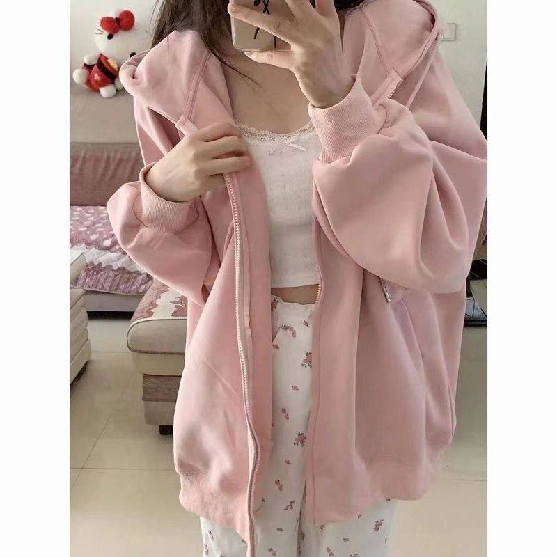 粉色拉链卫衣开衫女连帽长袖外套秋冬款甜美日系软妹宽松显瘦上衣