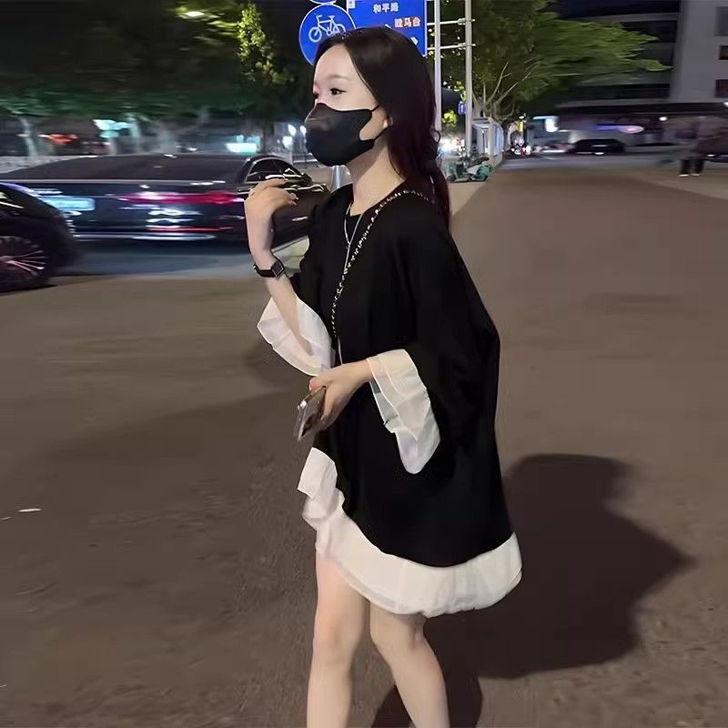 欧货拼接喇叭薄款长袖卫衣女2025夏季新款时尚洋气宽松娃娃衫上衣