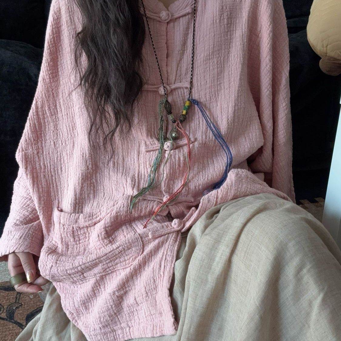 禅意新中式女装长盘扣开衫砂洗亚麻禅意上衣外套衬衫棉麻半身裙