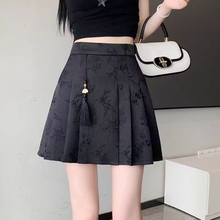 夏季气质黑色a字裙小个子裙子新中式半身裙女国风短裙新款百褶裙