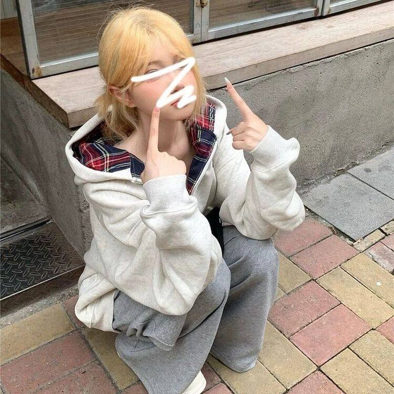 美式慵懒风国潮复古格子拼接卫衣开衫男女情侣独特超好看连帽外套