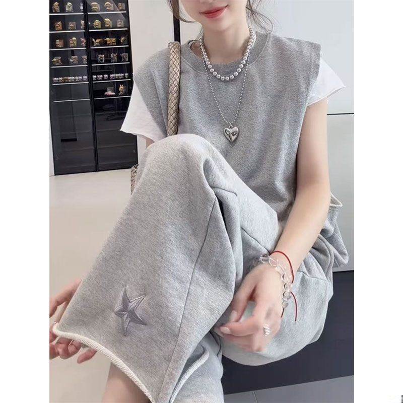灰色运动休闲套装女2026夏季新款韩版慵懒风恤马甲阔腿裤三件套