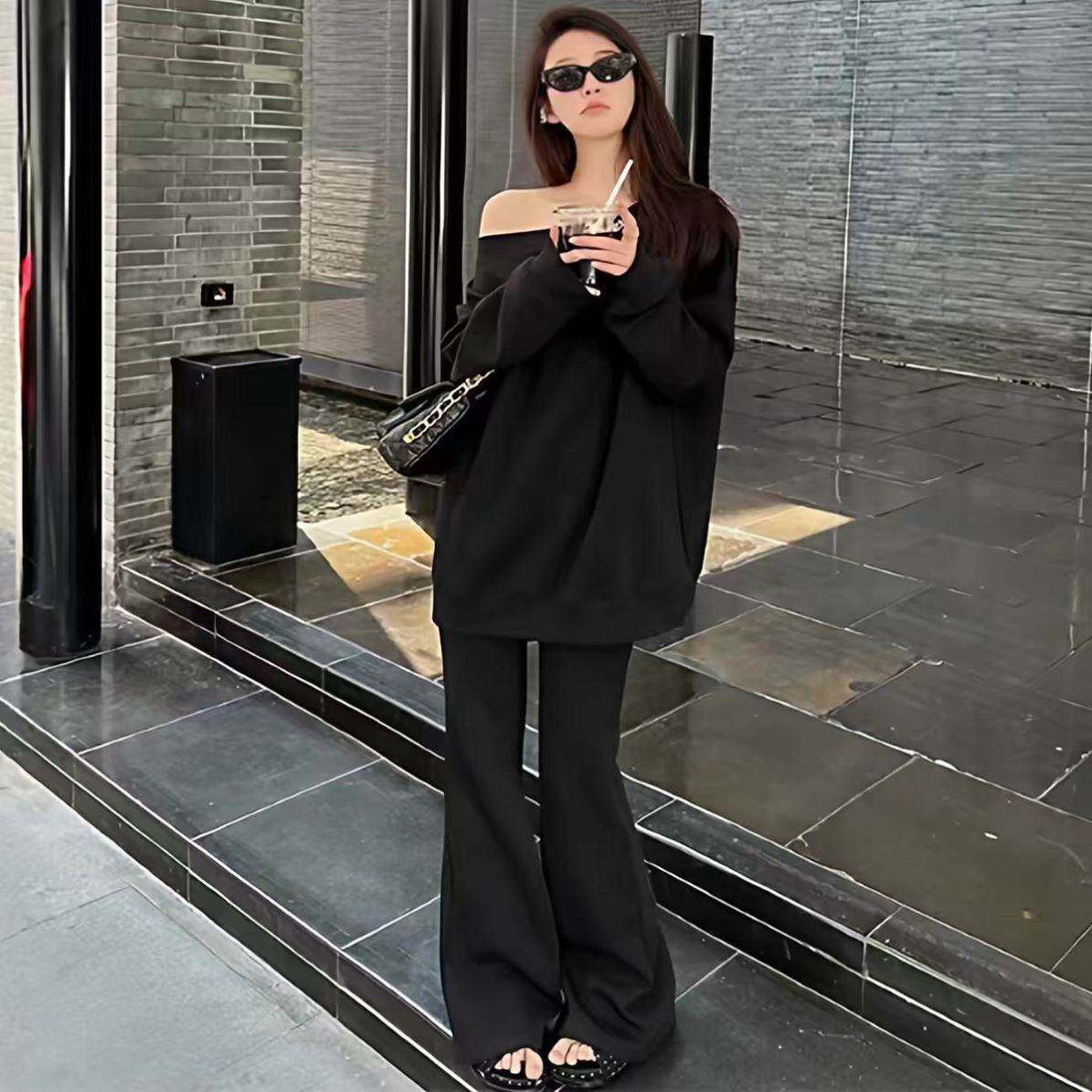 2026大码女装秋冬新款慵懒风休闲套装辣妹露肩卫衣微喇裤两件套