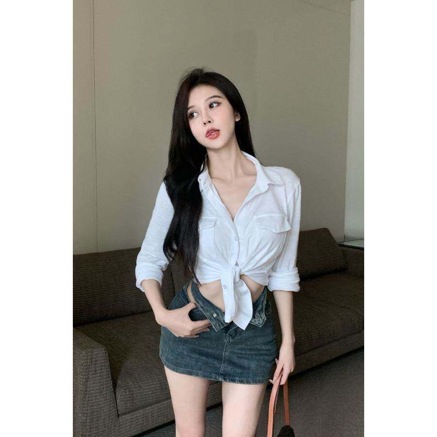 白色修身衬衫女装夏季辣妹薄款长袖防晒衬衣小个子设计感小众上衣