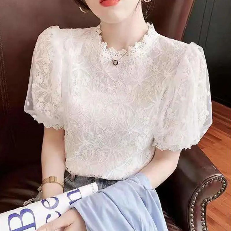 白色短袖t恤雪纺衬衫2025夏季新款别致绣花蕾丝上衣女网纱打底衫