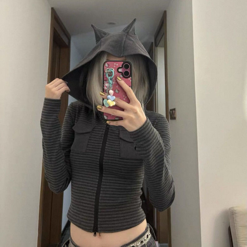 美式复古条纹暗黑风连帽衫女2025秋季新修身显瘦短款开衫上衣外套