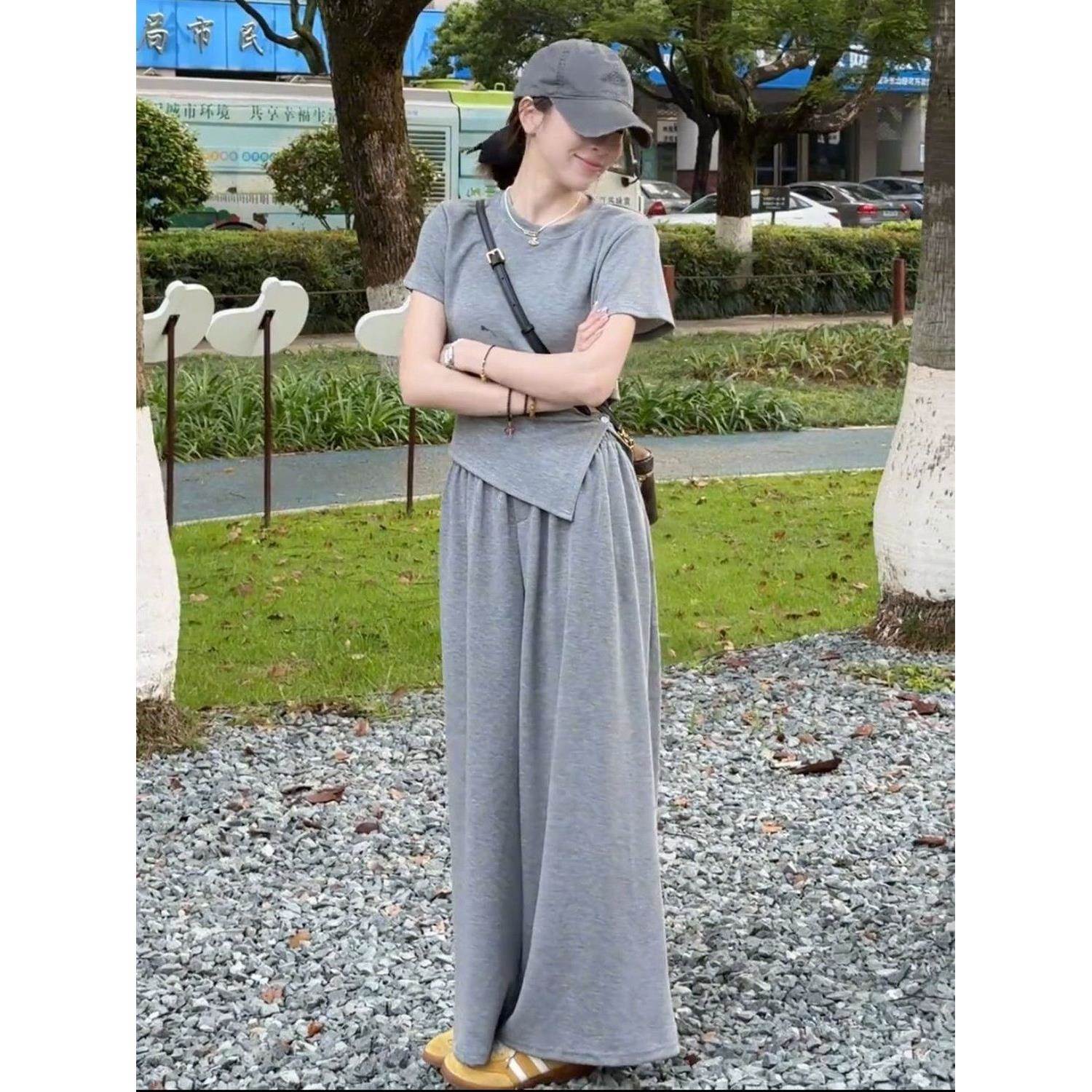 韩系运动套装女夏季宽松显瘦时尚假两件短款短袖阔腿裤休闲两件套