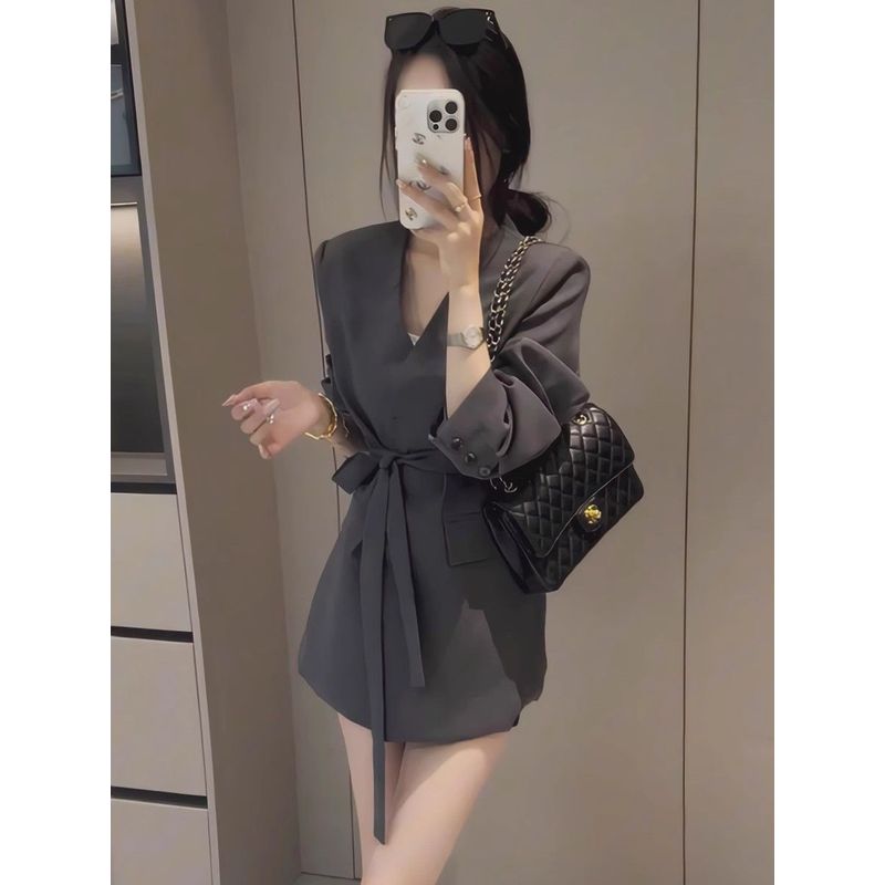 西装外套女2025新款小个子夏季款飘带高级感开春休闲绑带v领西服