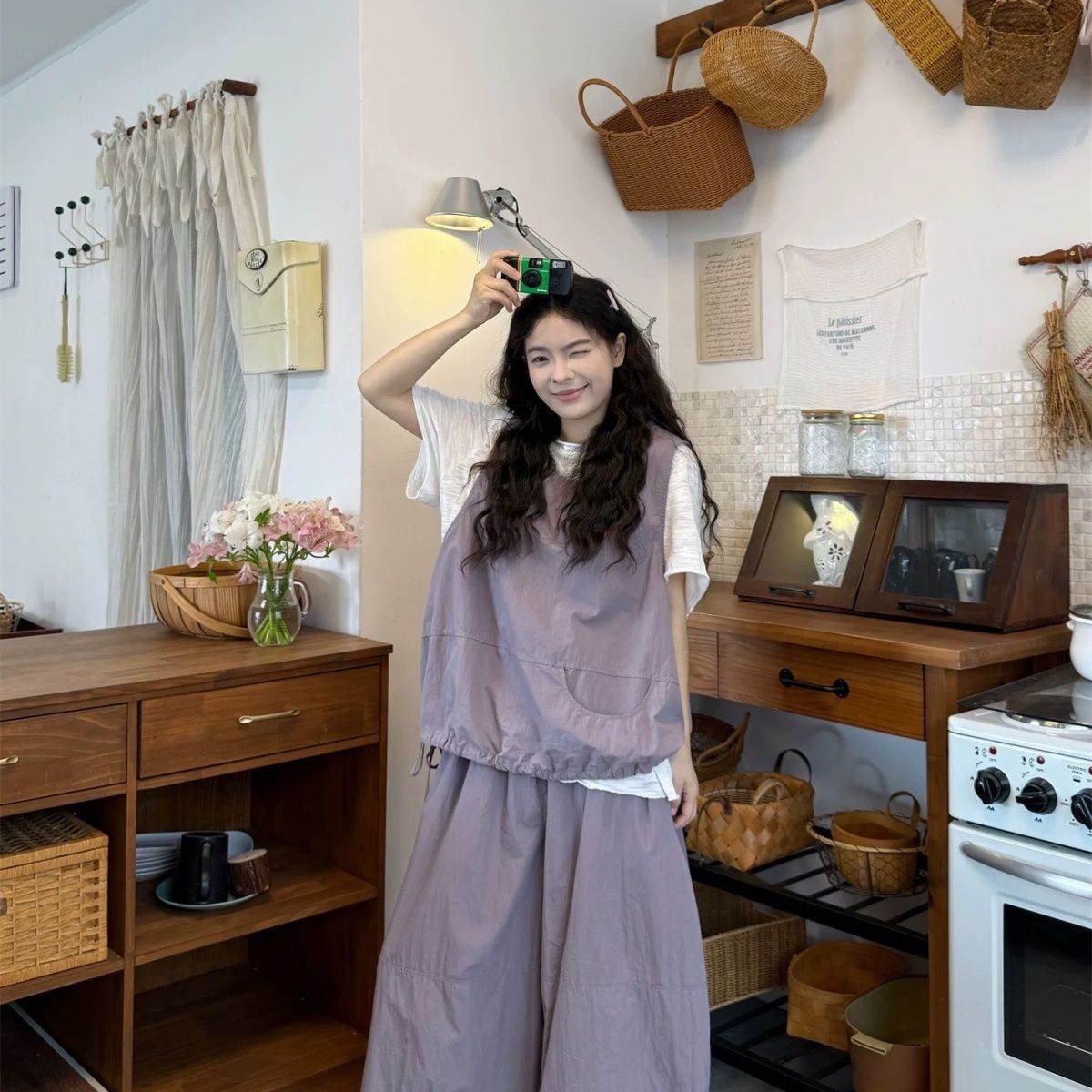 夏季新款日系复古套装女紫色绑带圆领马甲叠穿阔腿裤短袖三件套