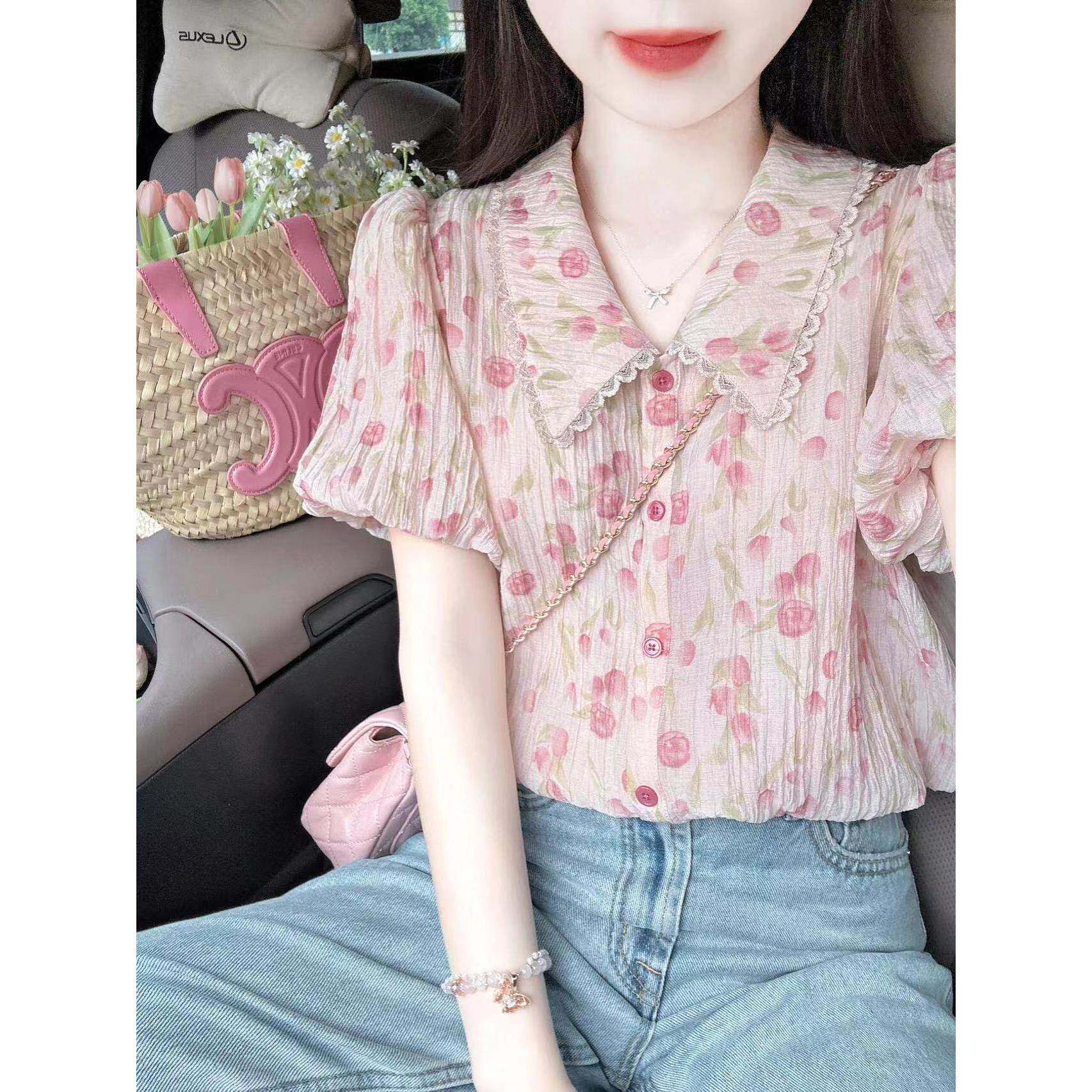 轻盈感法式泡泡袖翻领短袖衬衫女夏季粉色少女感小衫碎花雪纺上衣
