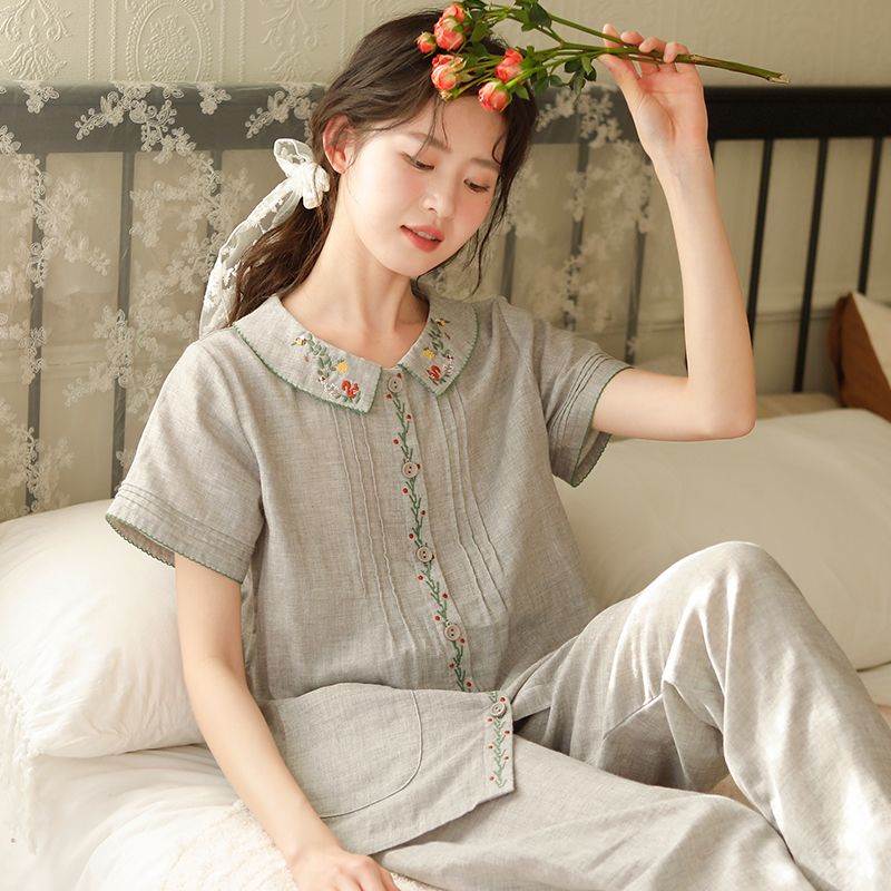 睡衣女夏季短袖长裤夏天棉宽松娃娃领薄款刺绣绣花家居服套装