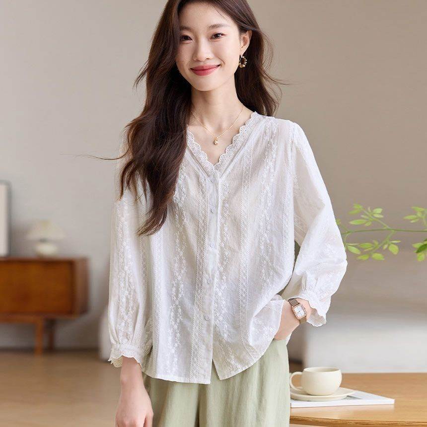 棉蕾丝领白色衬衫女2026春季新款法式高级感长袖衬衣上衣小衫
