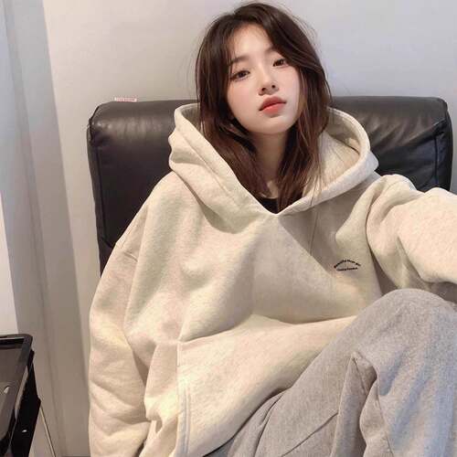 美式复古白灰色连帽卫衣女加绒加厚新款秋春季宽松韩版慵懒风外套