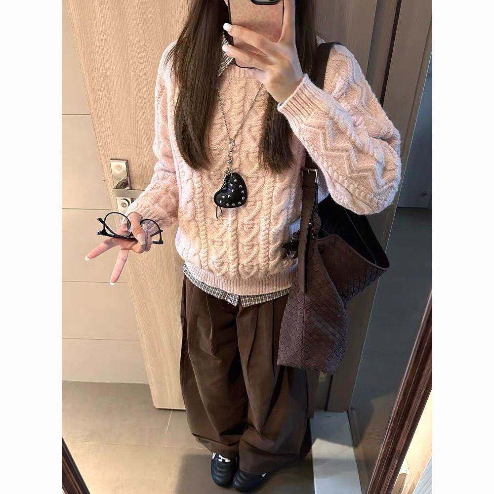 粉色麻花加厚圆领毛衣女春夏穿搭慵懒高级感软糯针织衫宽松上衣潮