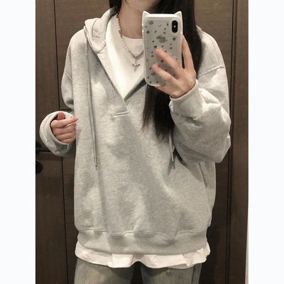 秋冬棉美式高街假两件连帽卫衣女秋冬宽松加绒慵懒学生简约上衣