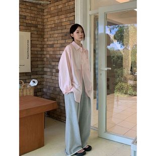 Vs what 粉色长袖衬衫女2025夏季薄款宽松上衣韩版松弛感天丝外套