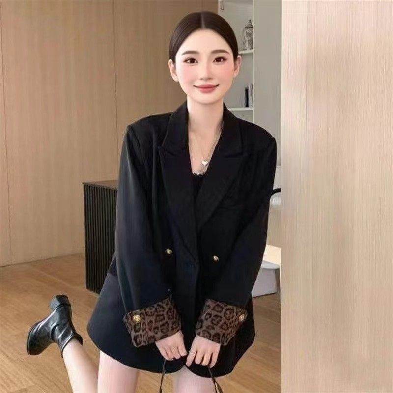 高级黑色西装外套小西装女爆款新款气质豹纹拼接宽松西服今年流行