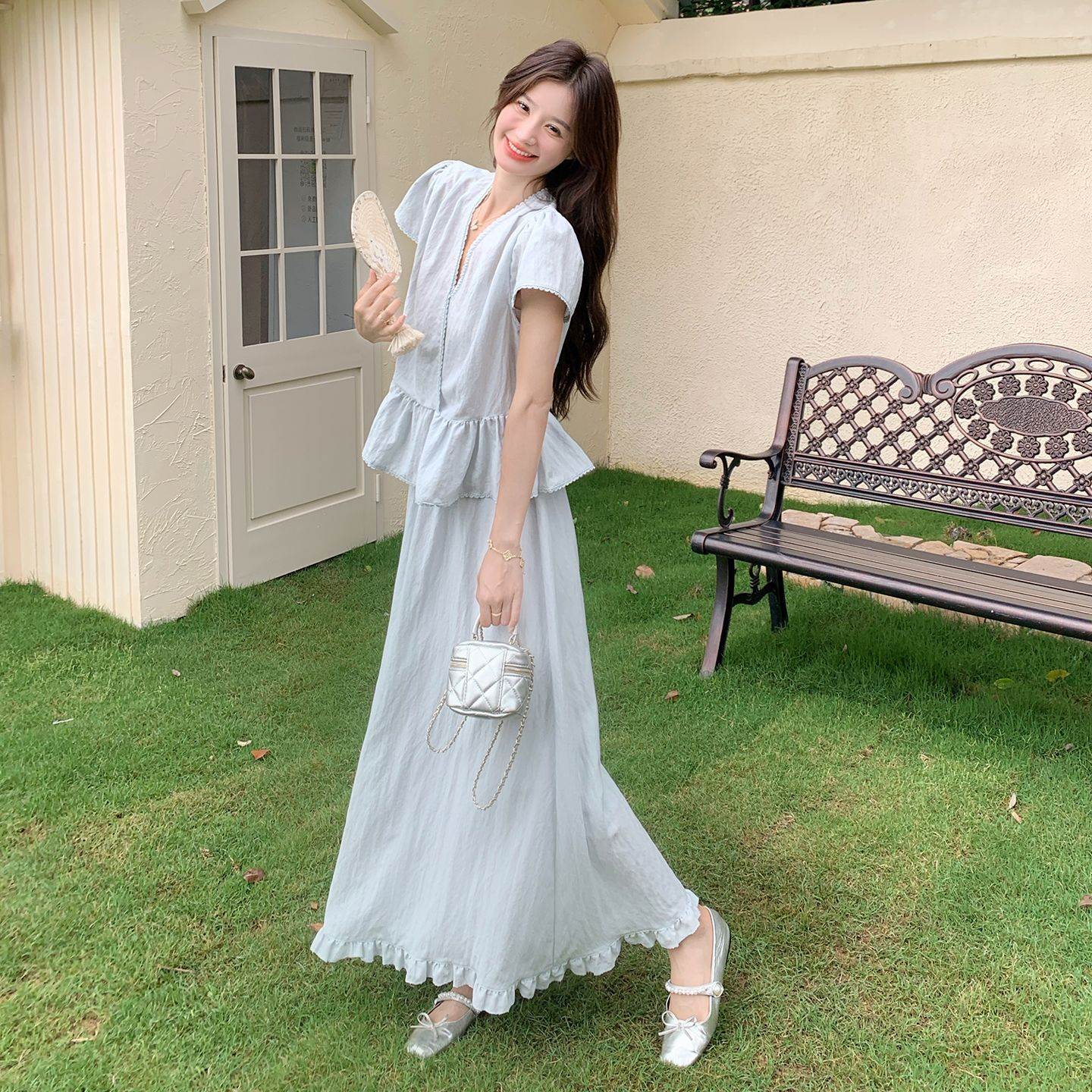 温柔风气质甜美穿搭一整套女装新款花边领短袖上衣半身裙两件套