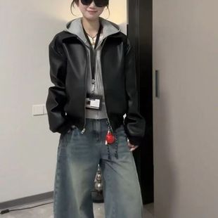 美式多巴胺黑色复古机车皮衣外套春秋新款小个子潮流百搭皮夹克潮