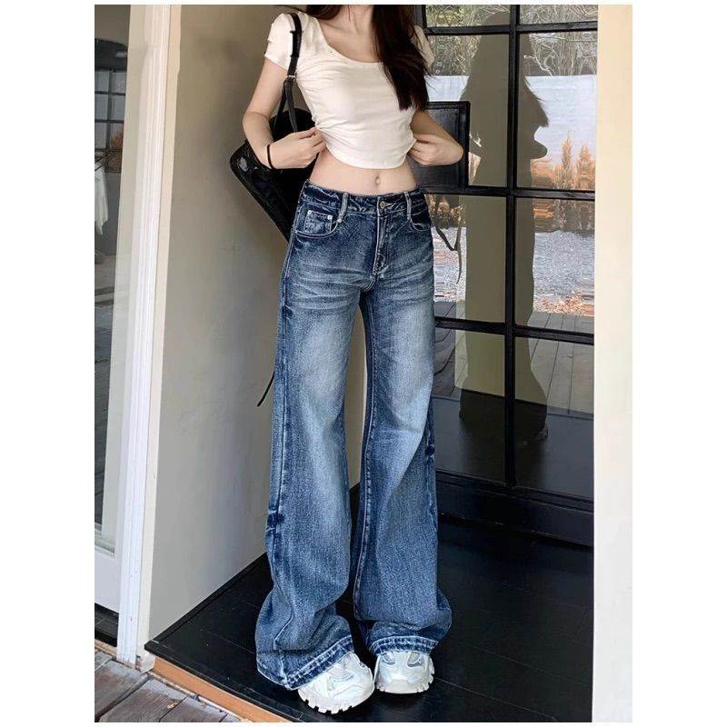 加长美式复古水洗阔腿微喇叭牛仔裤女2026年春季新款辣妹拖地裤子