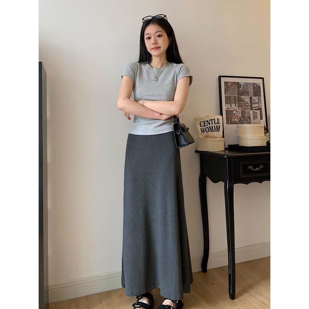 深灰色半身裙女春夏2026新款韩版松紧高腰字裙包臀裙长裙遮腿粗