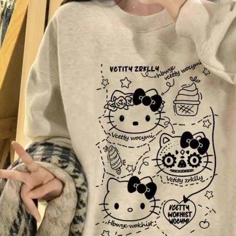 重磅棉潮流春春季小猫印花百搭宽松小众设计感圆领无帽卫衣男女