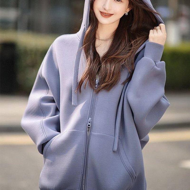 漂亮灰紫色双拉链开衫卫衣女春新款宽松大码休闲连帽休闲时尚上衣