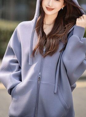 漂亮灰紫色双拉链开衫卫衣女春新款宽松大码休闲连帽休闲时尚上衣
