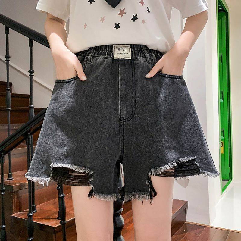 大码黑色毛边牛仔短裤女字阔腿宽松紧高腰夏季薄款显瘦200斤胖