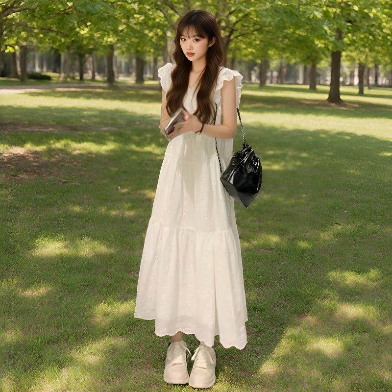 小仙女白色初恋连衣裙女2026夏装新款小飞袖宽松度假风甜美长裙子