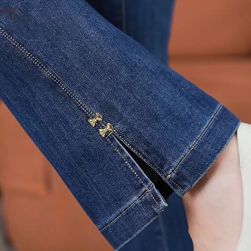 矮小个子八九分开叉微喇牛仔裤女春夏设计感弹力高腰阔腿喇叭裤女