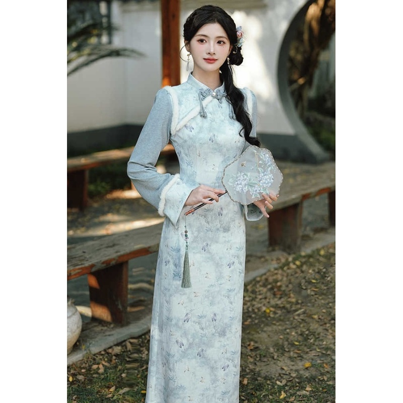 新中式女装复古改良旗袍2025秋冬款气质加厚修身连衣裙内搭打底裙