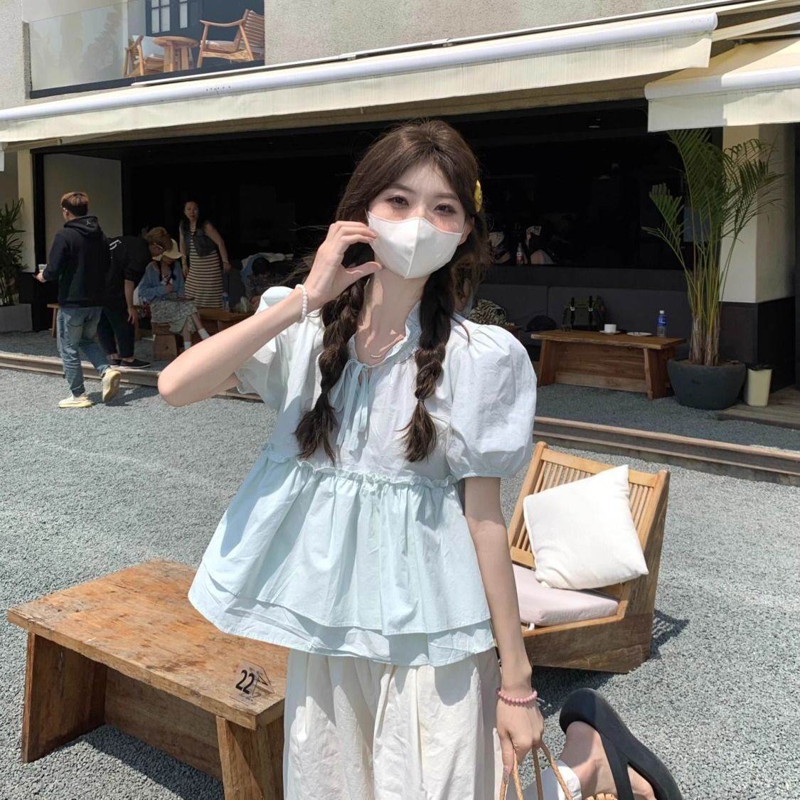 木耳边宽松减龄娃娃衫上衣夏季新款女装韩系甜美系带泡泡袖衬衫潮