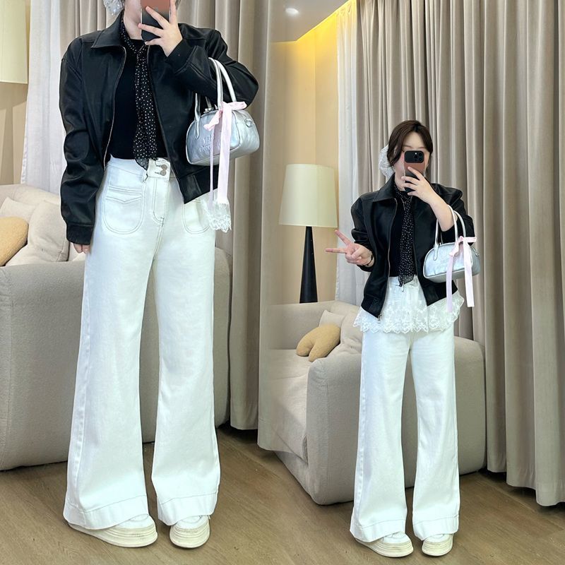 6699#梨形胖mm大码弹力加长阔腿宽松显瘦直筒拖地白色牛仔裤