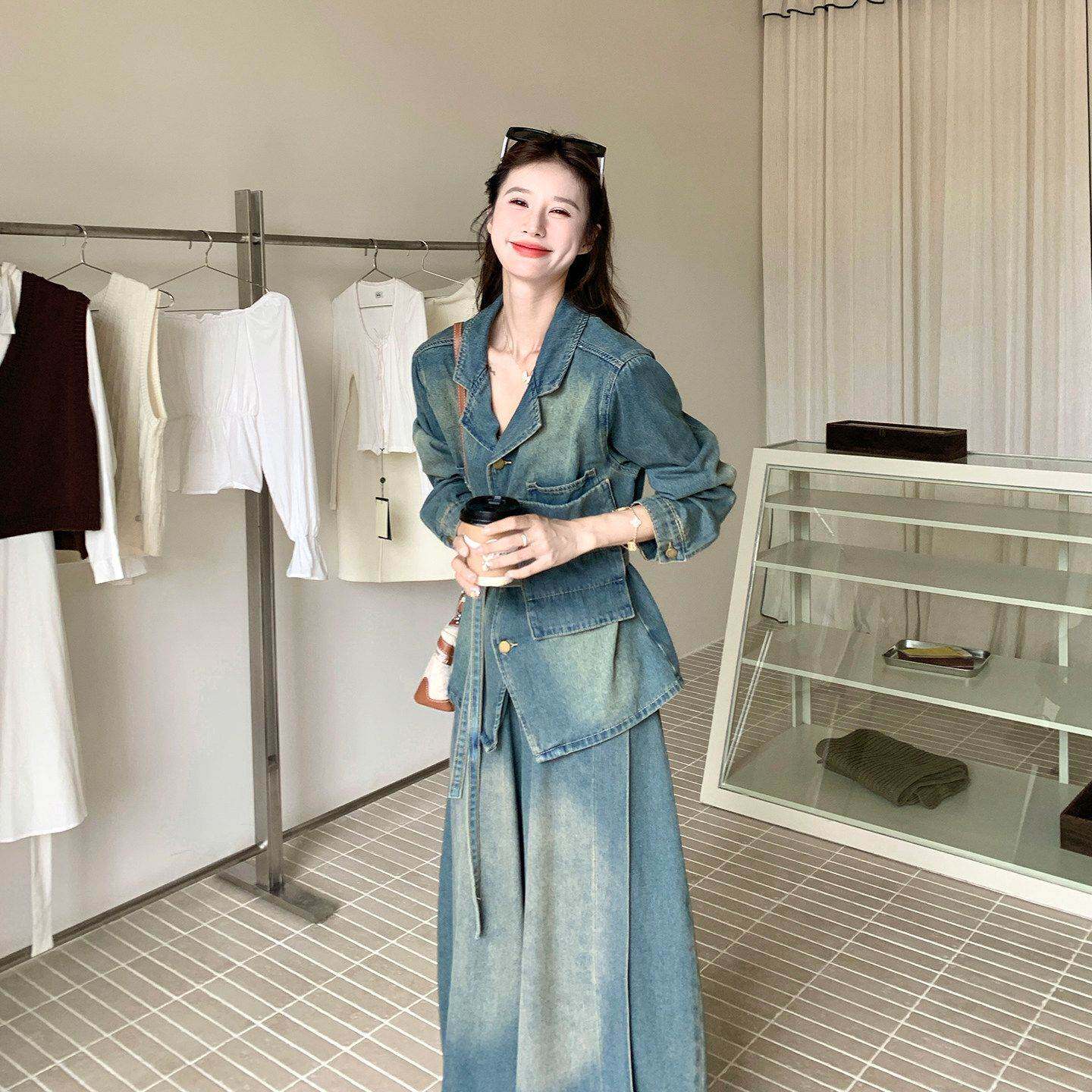 老钱风复古牛仔外套阔腿裤套装女秋季新款宽松休闲两件套又酷又飒