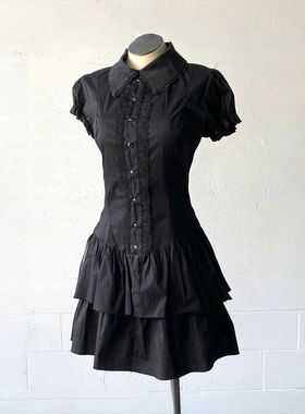 旧物拾光 复古古着黑色蕾丝拼接衬衫连衣裙收腰蝴蝶结少女感设计