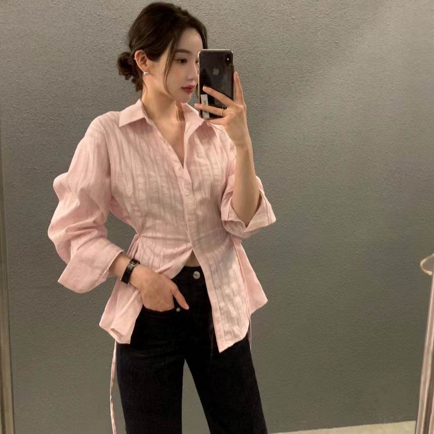 早春新款条纹翻领系带长袖衬衣女修身显瘦衬衫