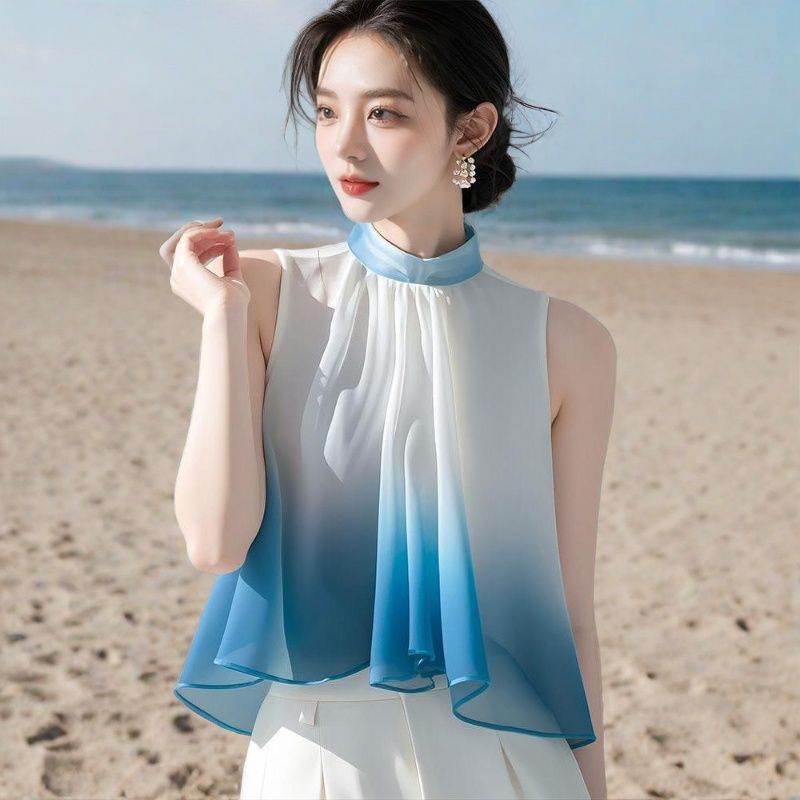 今年流行独特漂亮渐变衬衫法式超仙夏季无袖仙气飘飘雪纺潮流上衣