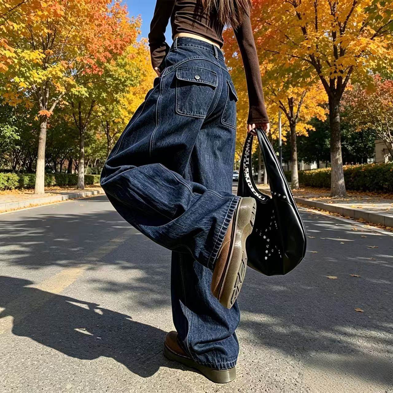 弯刀牛仔裤女2026秋季新款高腰显瘦百搭宽松阔腿防褪色原牛裤子