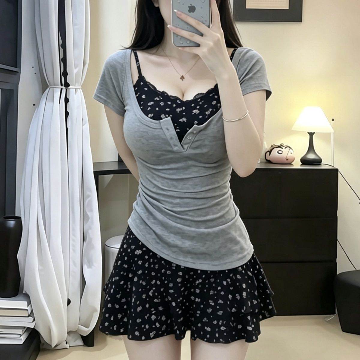 大码微胖甜美气质蓝色碎花蕾丝拼接掐腰显瘦灰色恤套装吊带裙
