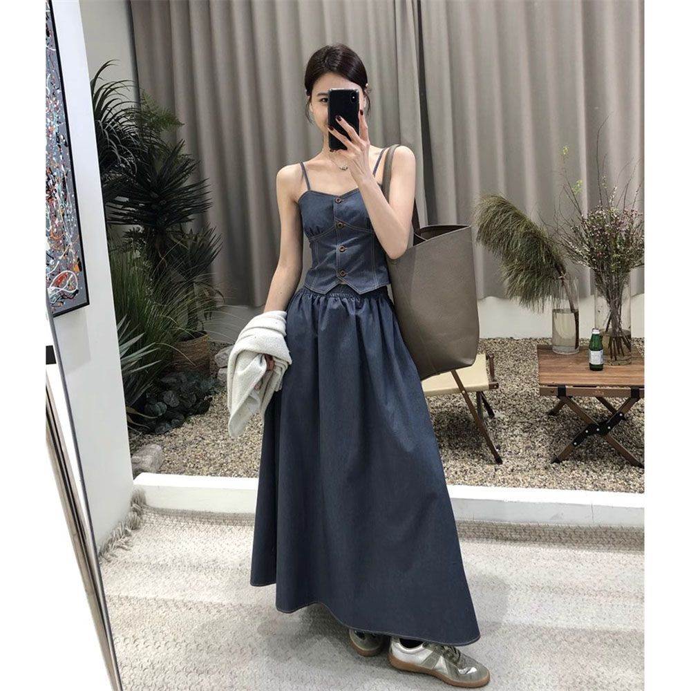 2026夏季新款韩版复古牛仔套装裙女洋气减龄吊带背心半身裙两件套