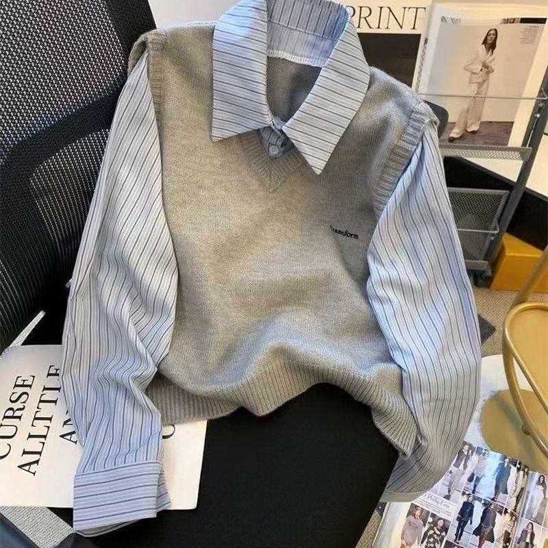 灰色针织毛衣背心拼接假两件条纹衬衫女韩系穿搭Polo开衫上衣春季
