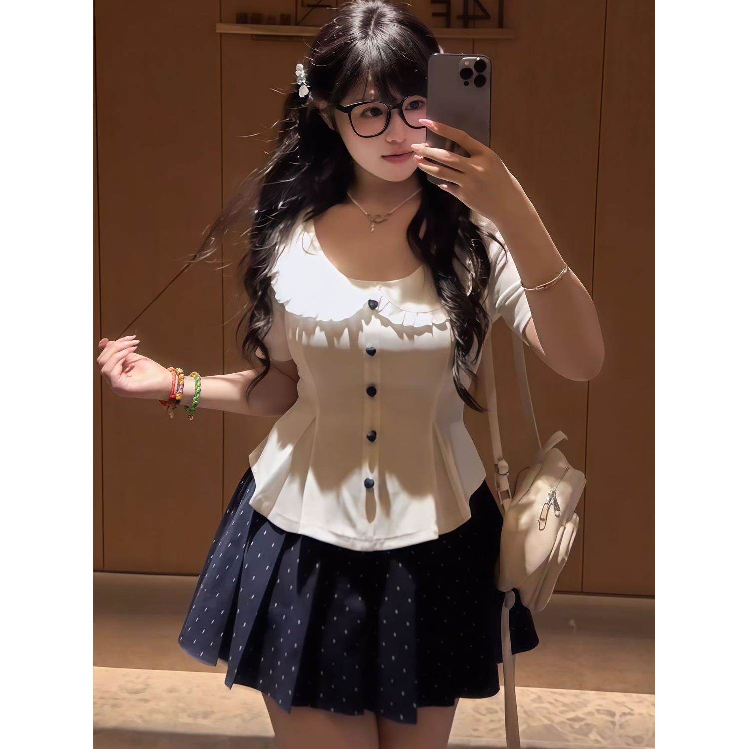 春夏纯欲辣妹风拼接短袖上衣波点裙子日系甜美收腰衬衫学院套装