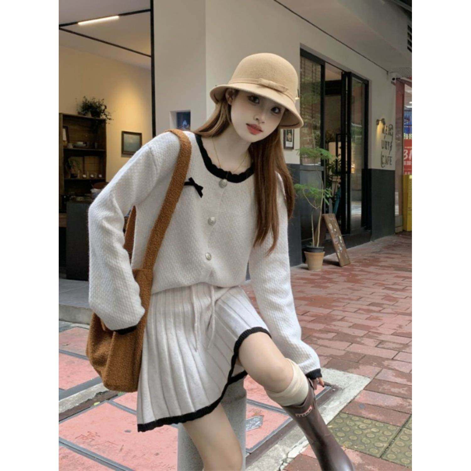 法式小香风针织开衫套装女秋季新款韩版宽松百褶短裙子两件套