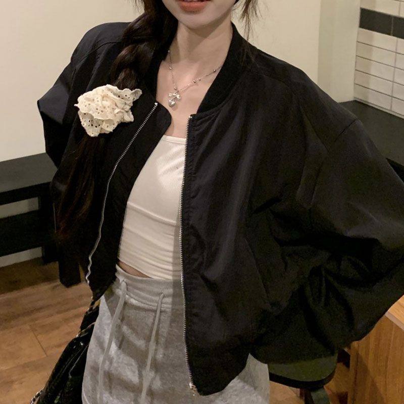 韩系白色棒球服外套女装春季2024新款宽松休闲小个子短款夹克上衣