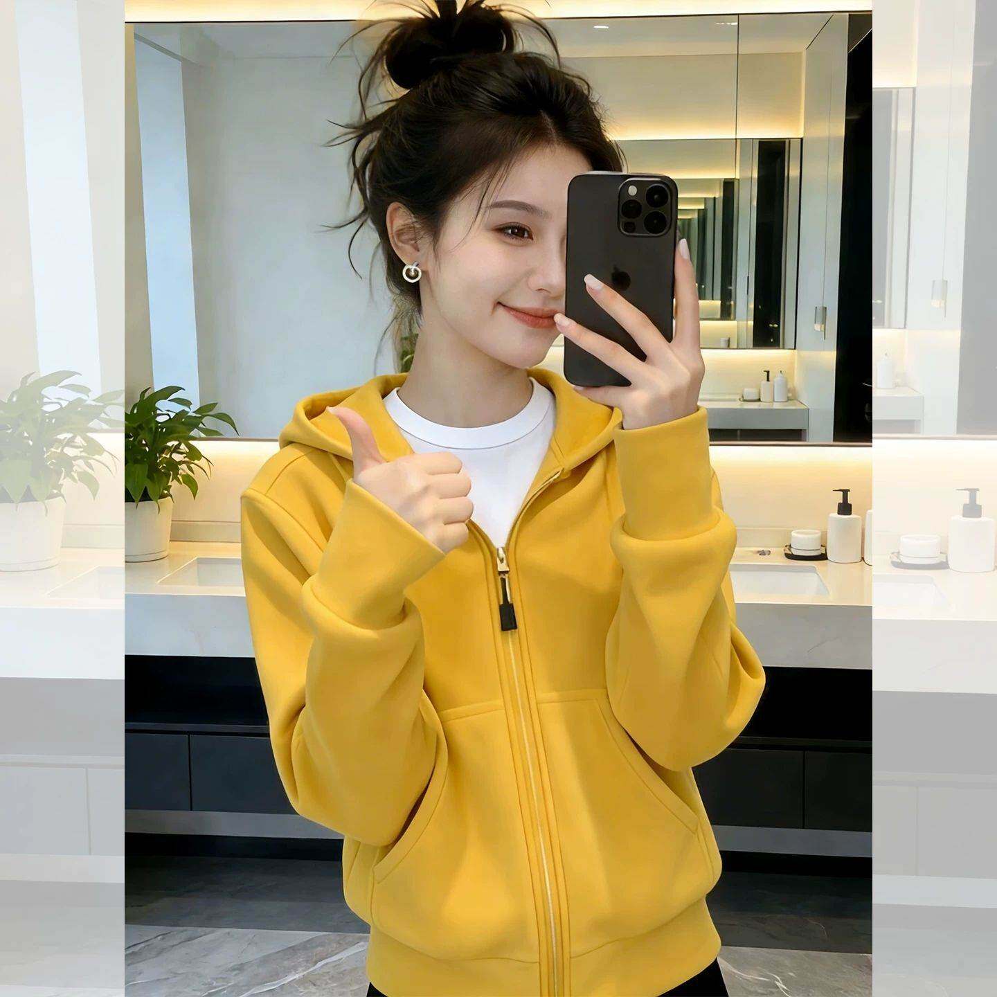 黄色连帽双口袋拉链宽松卫衣外套2026春季美式运动风设计感上衣女
