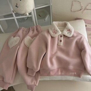 女童新品2025深秋冬童装粉色爱心加绒两件套冬款卫衣洋气休闲套装